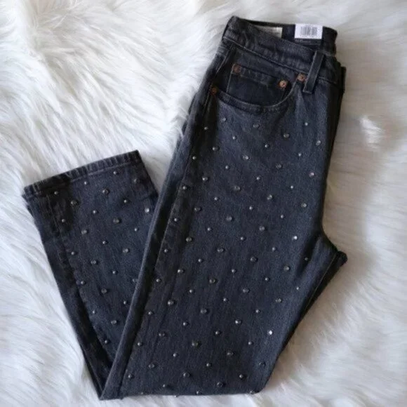 NWT Levis Jeans 501 Crop Crystal Jeans Size 27 Rhinestone High Rise Straight Leg